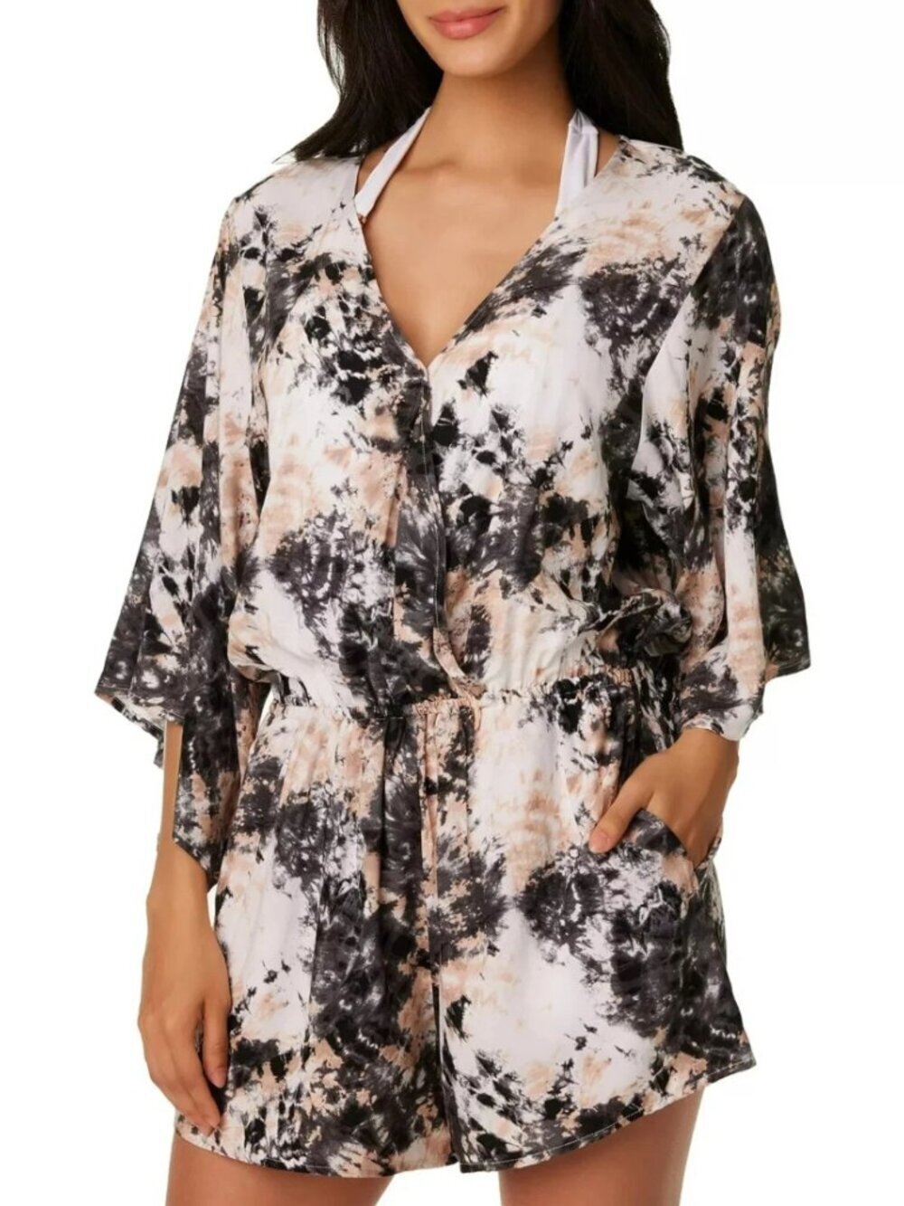 Bar III Women's Black Tie-Dye Wet 'N Wild Romper Swim Cover-Up Beach Size M NWT